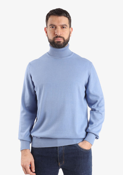 Blue High Collar Cotton Basic Plain Pullover