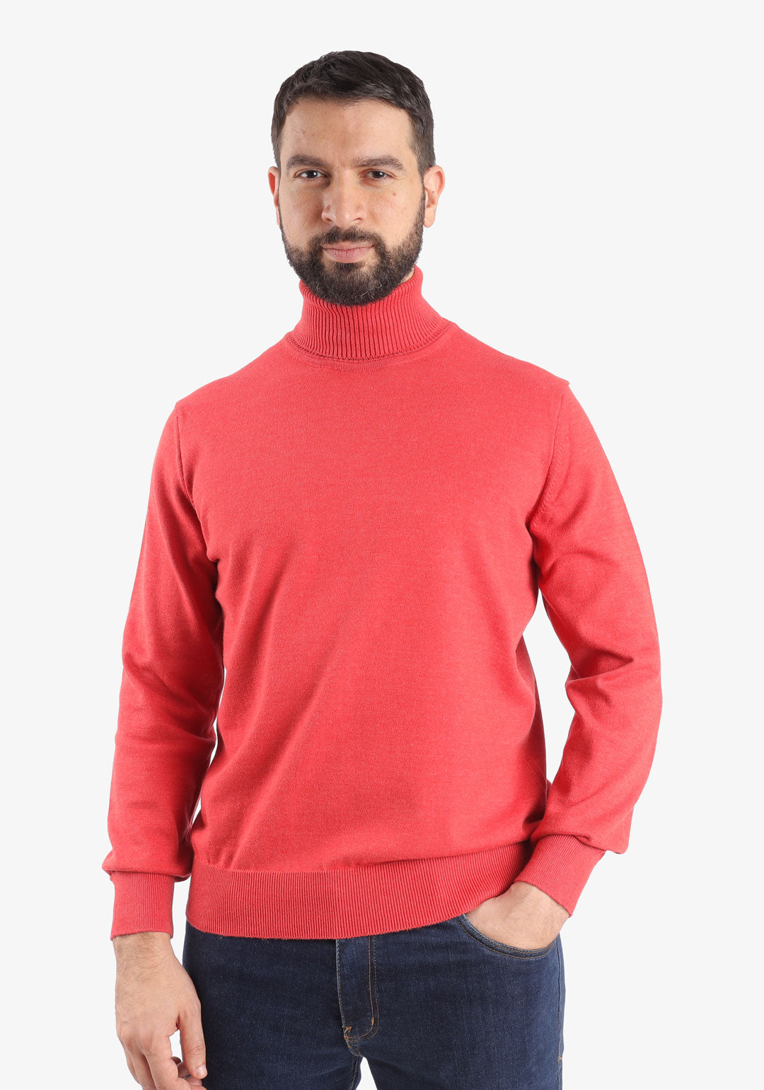 Red High Collar Cotton Basic Plain Pullover