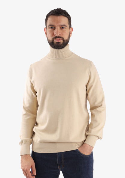 Beige High Collar Cotton Basic Plain Pullover
