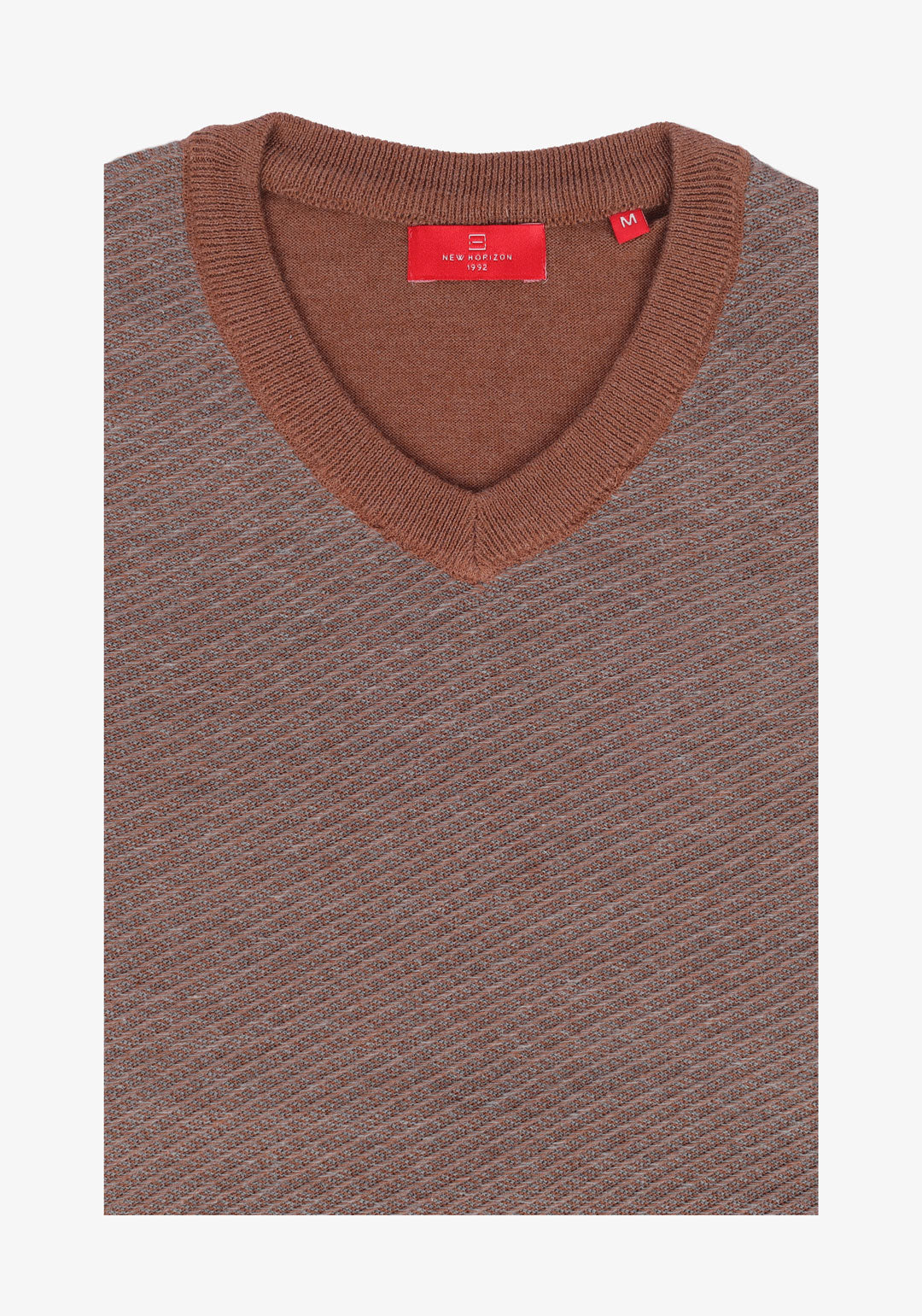 Brown V-Neck cotton jacquard pullover