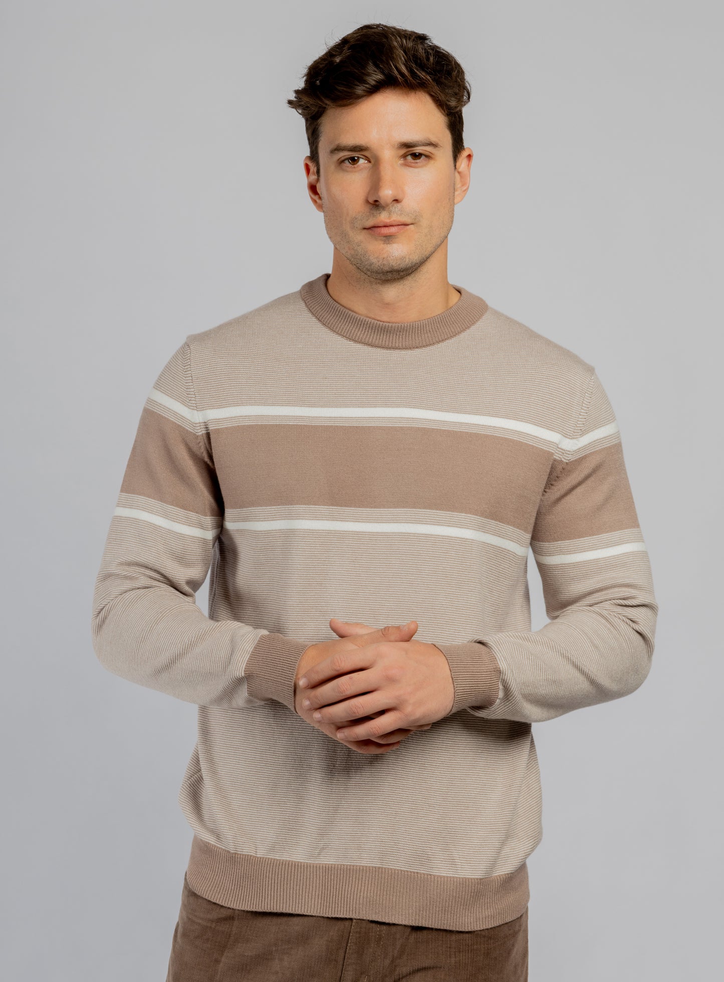 Beige striped crewneck pullover