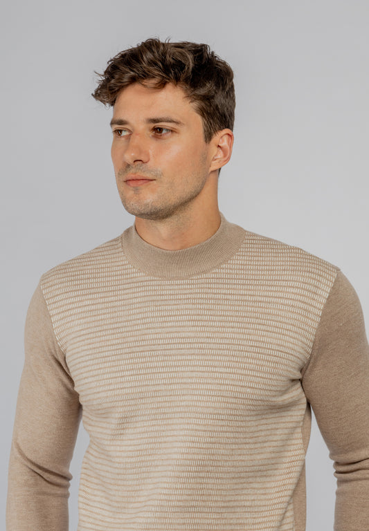 Beige Jacquard Half Collar Pullover