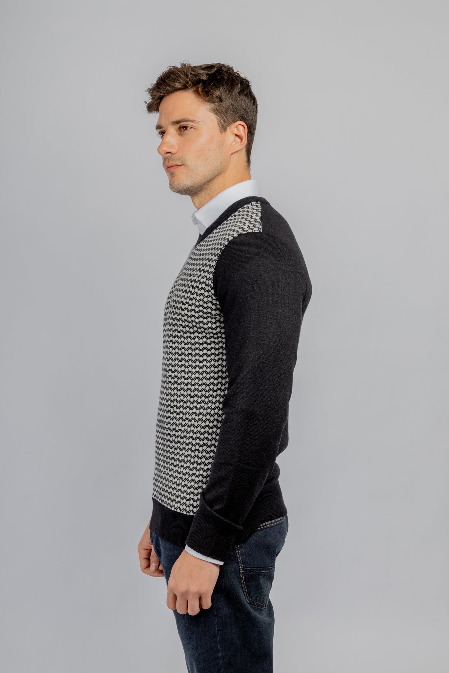 Black Jacquard V-Neck Pullover