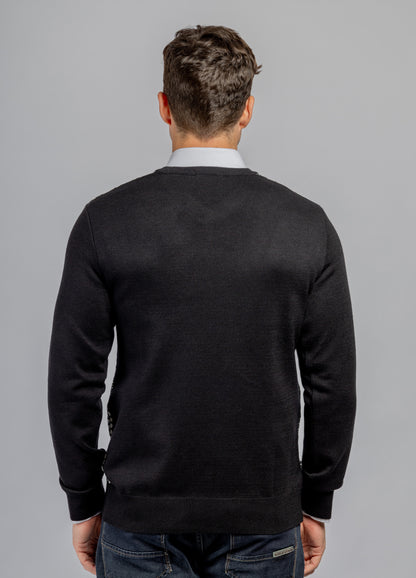 Black Jacquard V-Neck Pullover