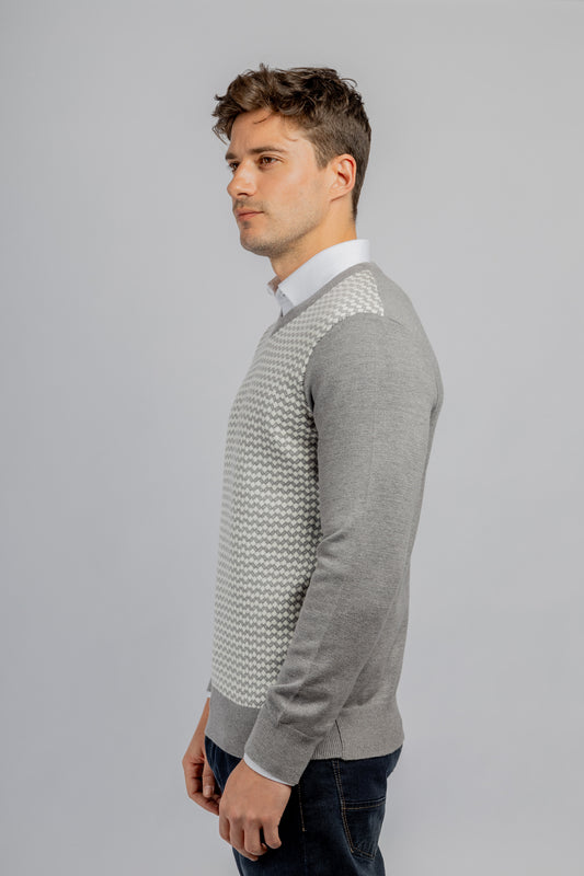 Grey Jacquard V-Neck Pullover