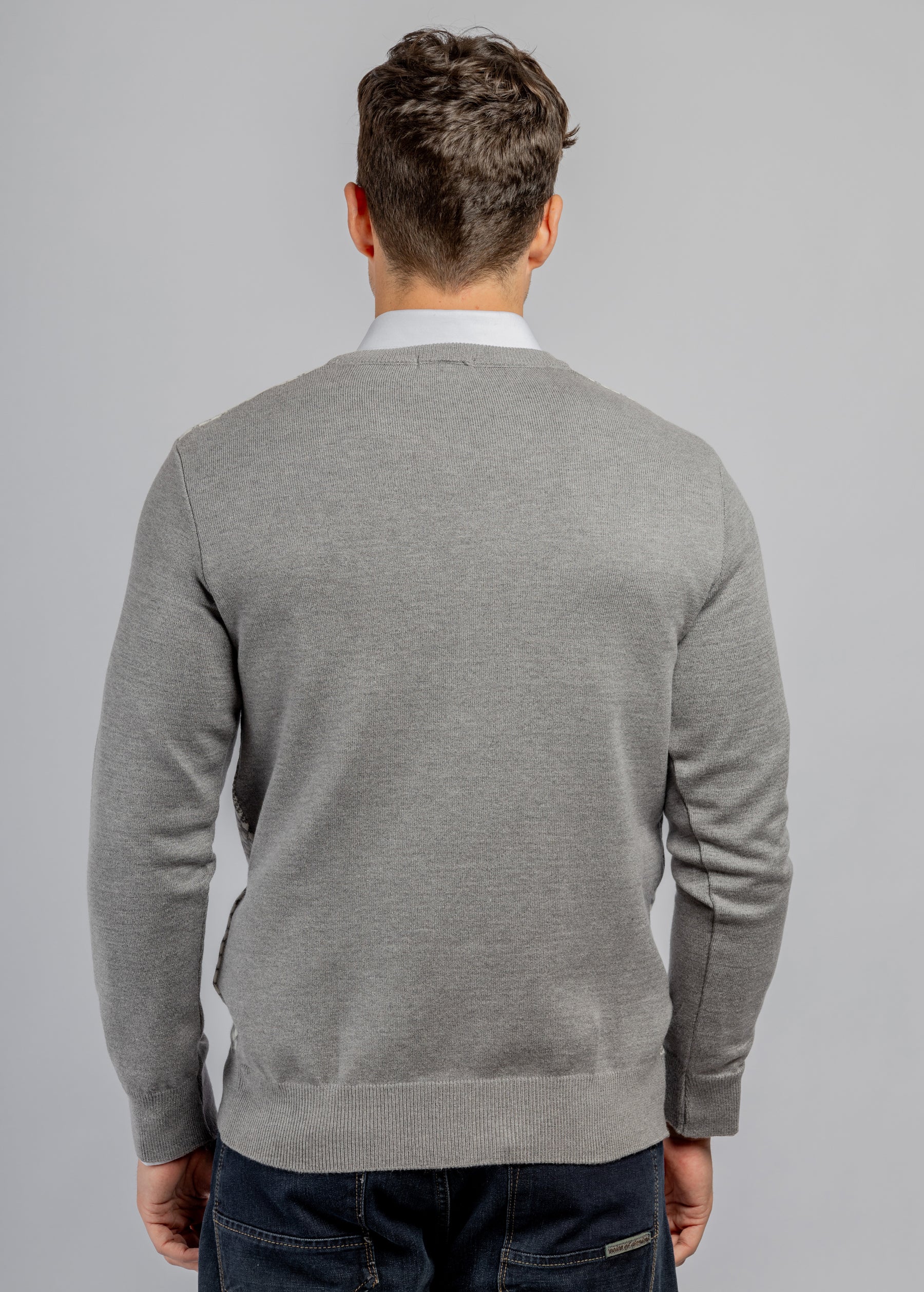 Grey Jacquard V-Neck Pullover