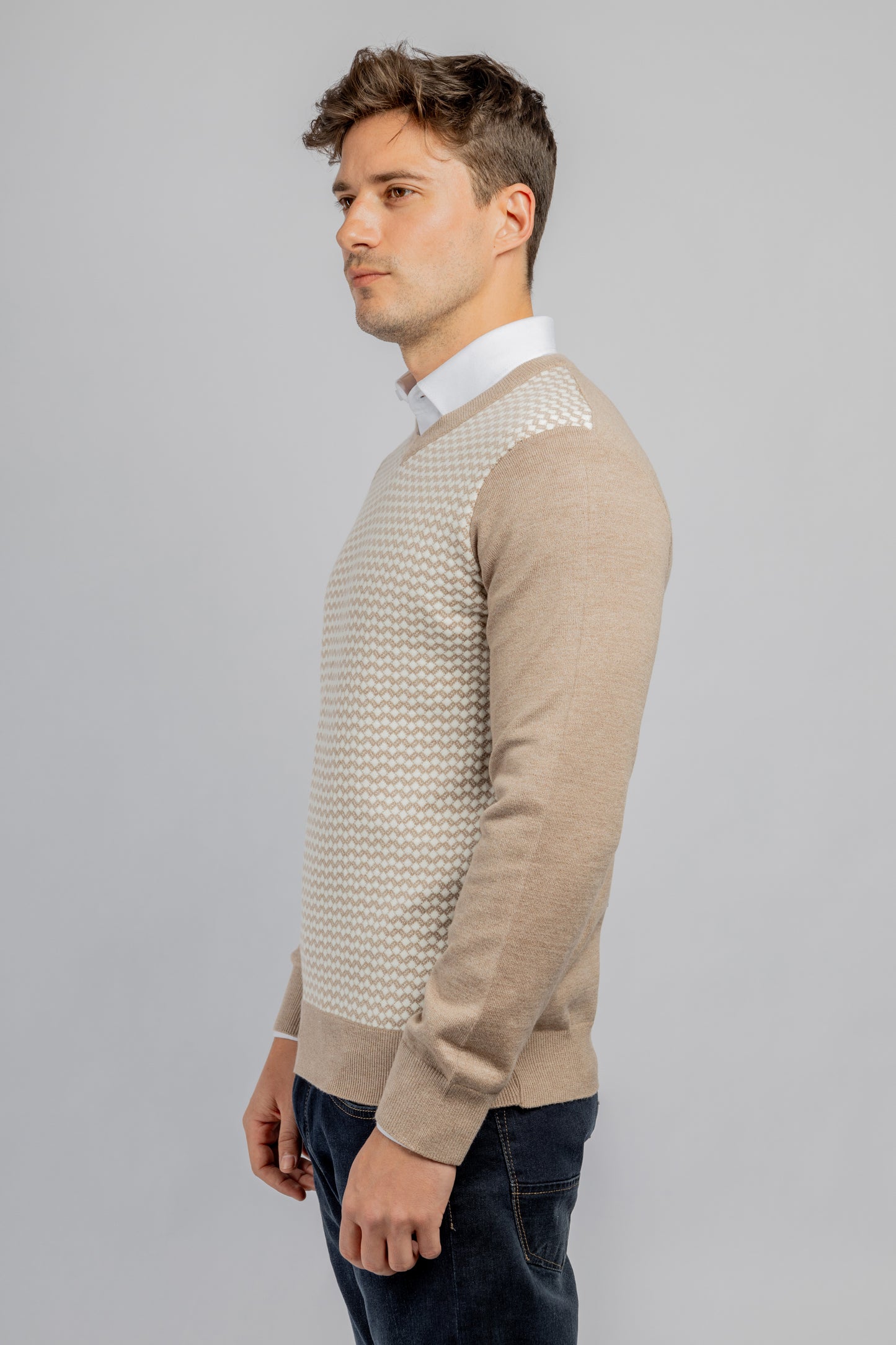 Beige Jacquard V-Neck Pullover