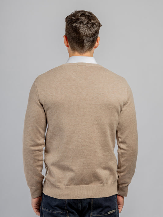 Beige Jacquard V-Neck Pullover