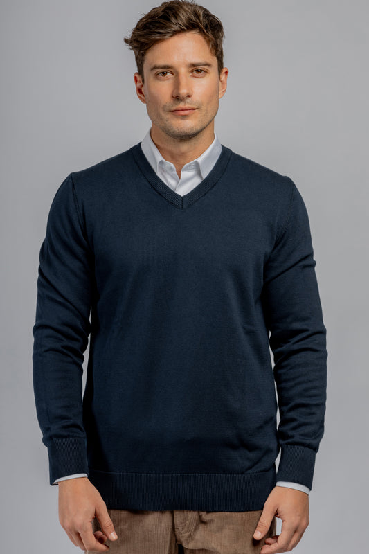 Navy cotton V-neck pullover