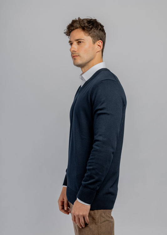 Navy cotton V-neck pullover