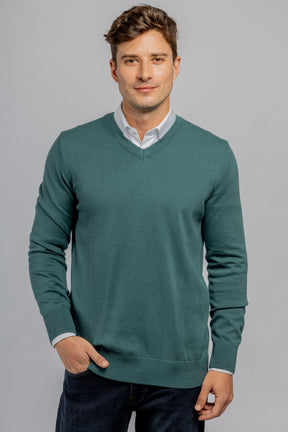 Olive green cotton V-neck pullover