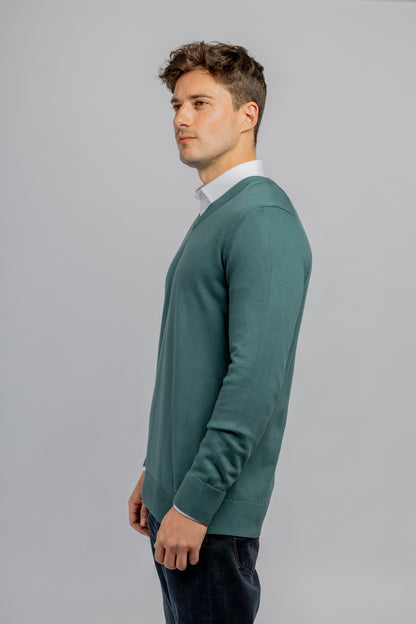 Olive green cotton V-neck pullover