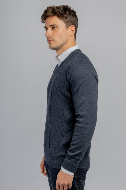 Navy V-neck Links Cotton Pullover