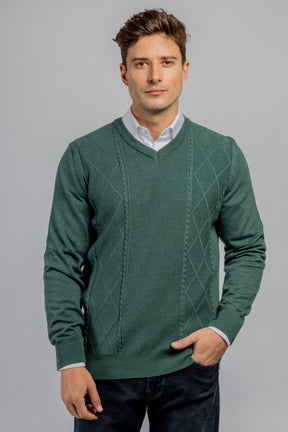 Olive V-neck Links Cotton Pullover