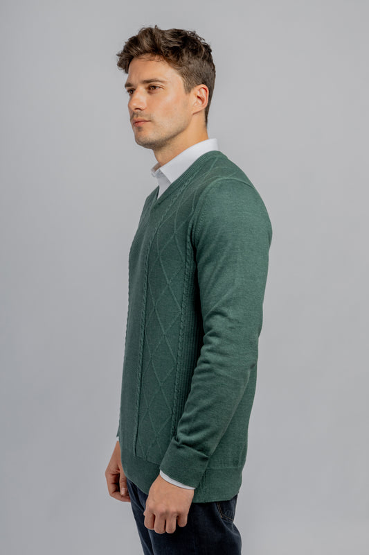 Olive V-neck Links Cotton Pullover