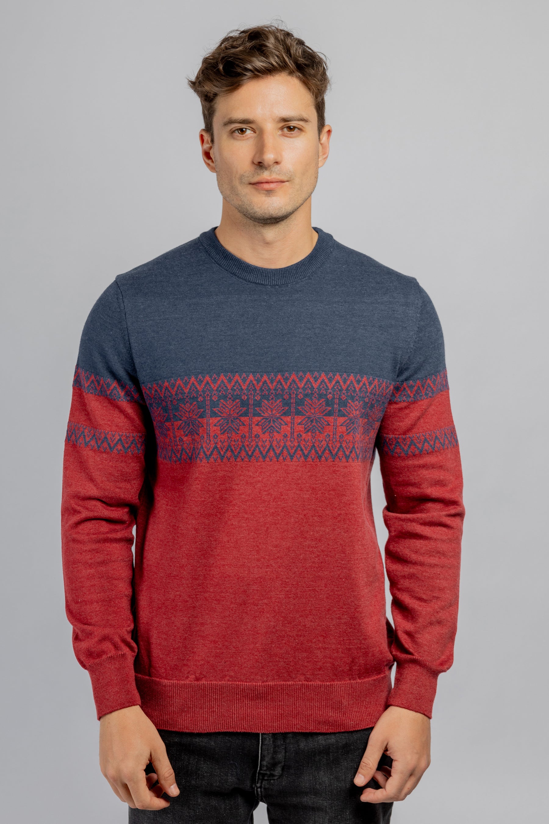 Navy & Burgundy Round Neck cotton pullover