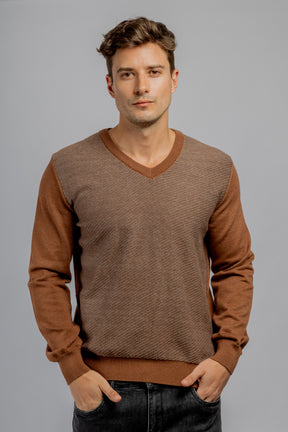 Brown V-Neck cotton jacquard pullover