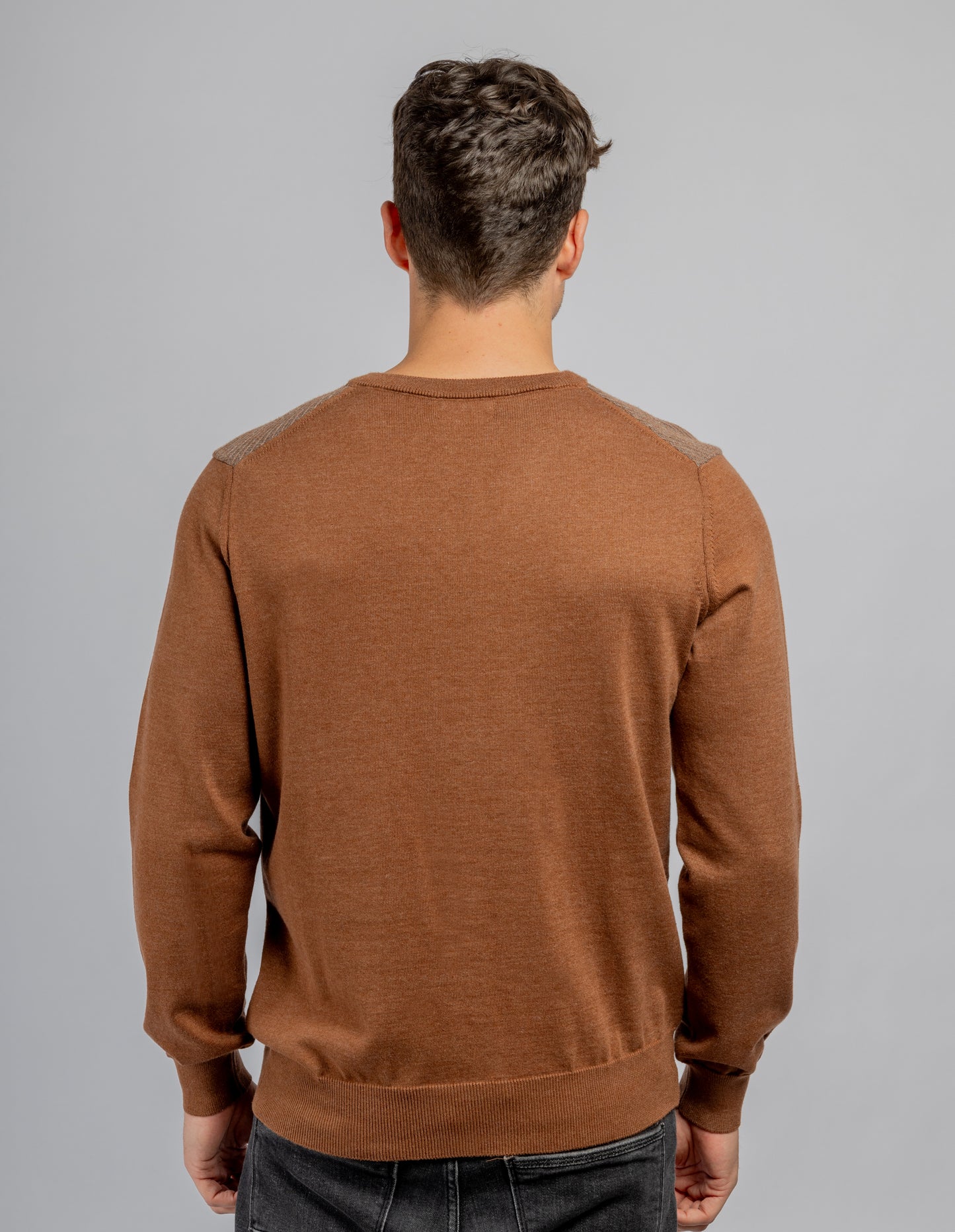 Brown V-Neck cotton jacquard pullover