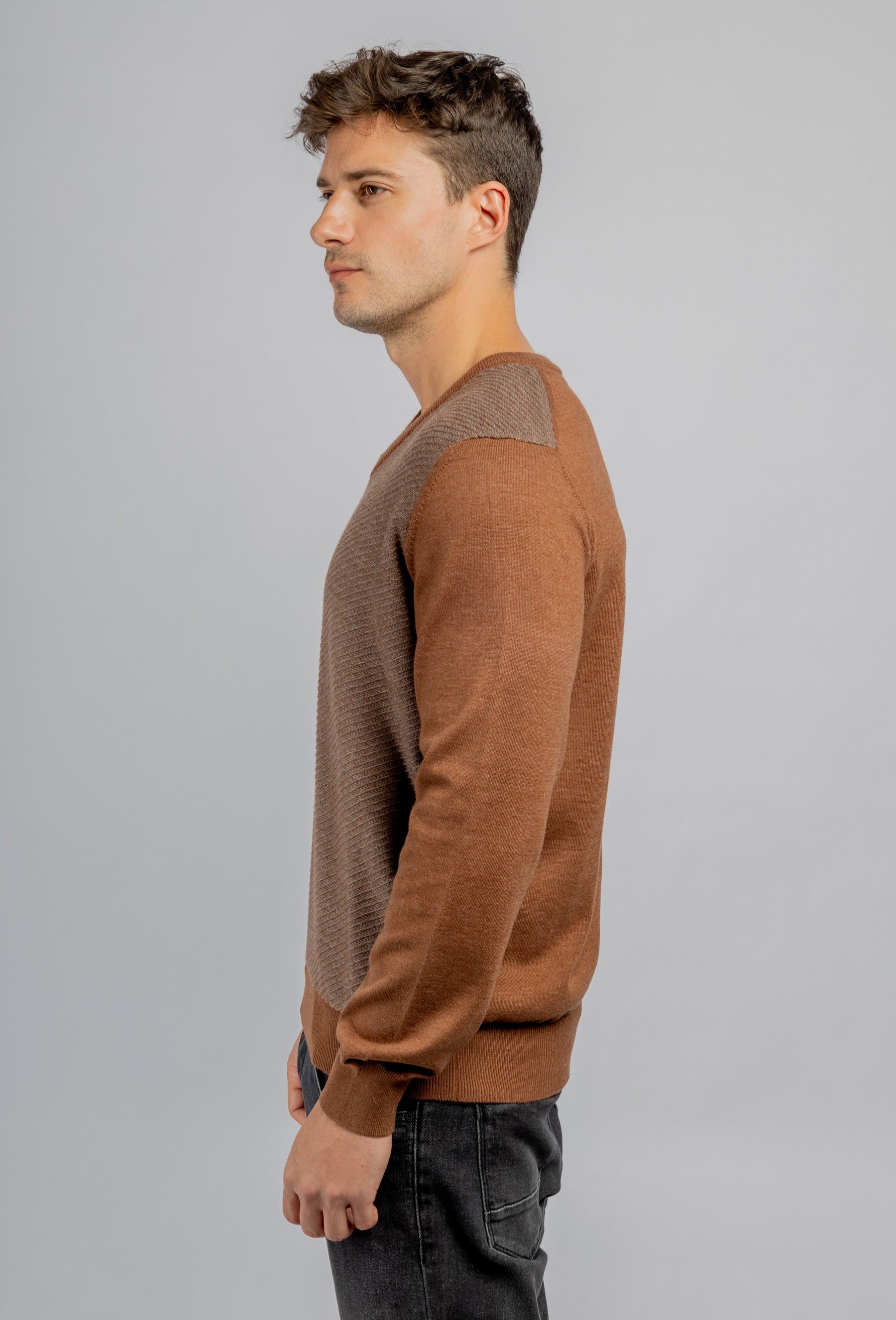 Brown V-Neck cotton jacquard pullover