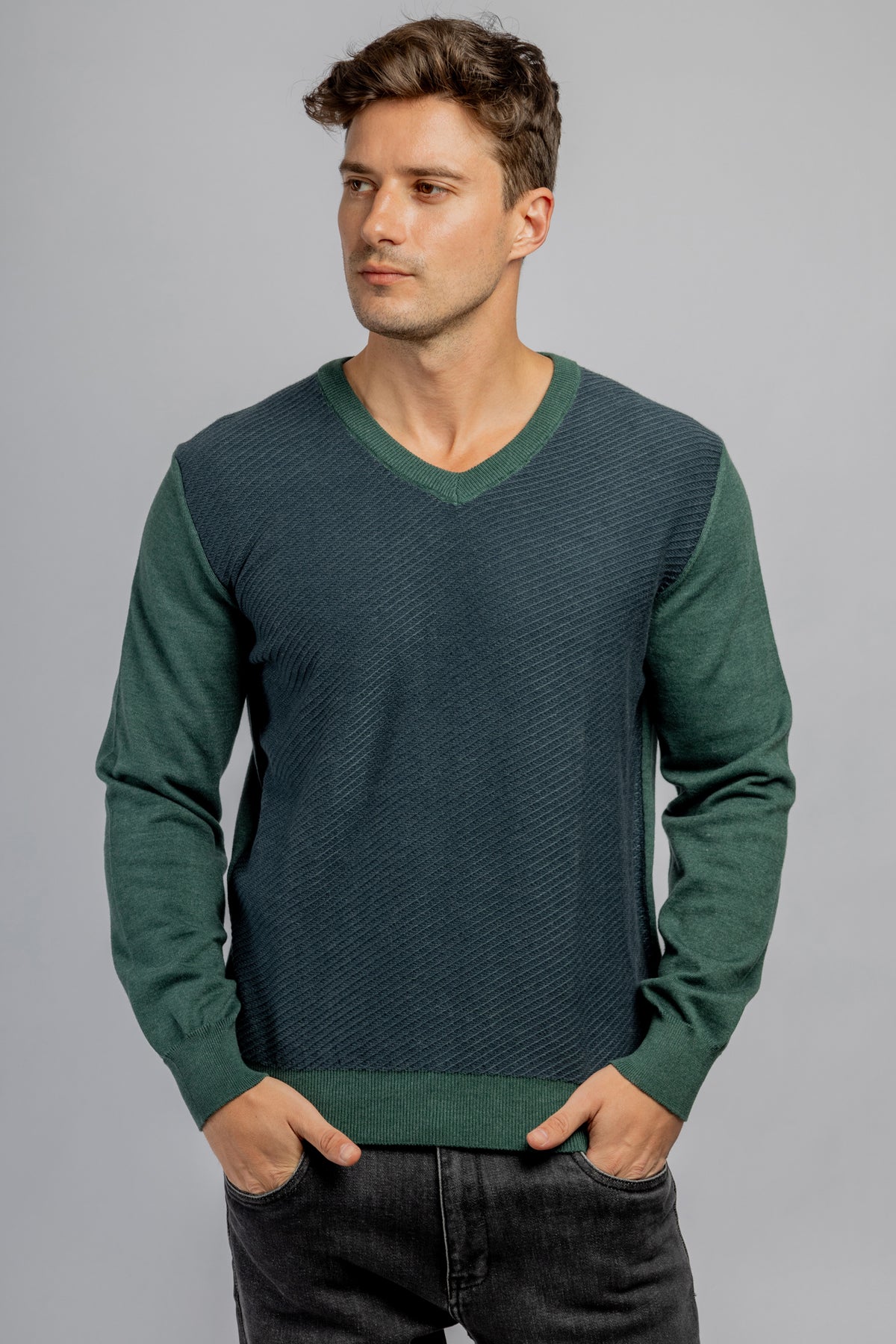 Olive Green  V-Neck cotton jacquard pullover