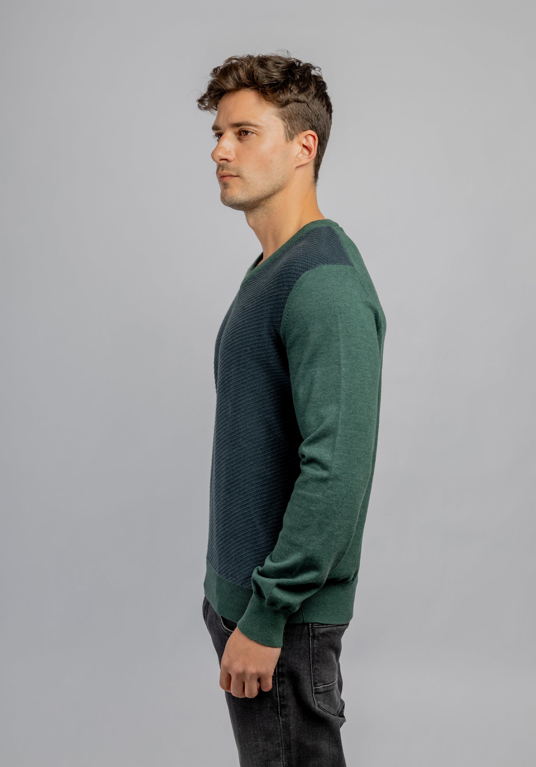 Olive Green  V-Neck cotton jacquard pullover