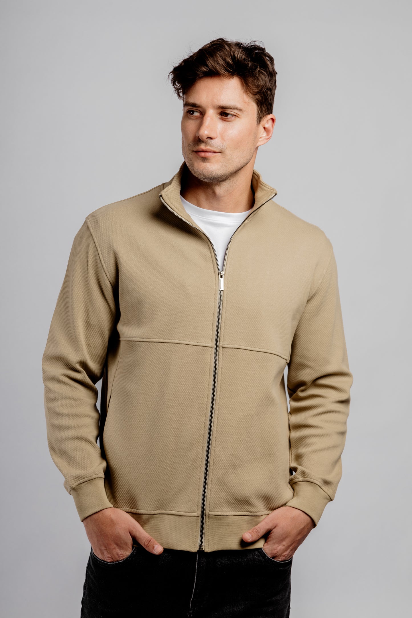 Dark Beige Full Zipper Cotton Mock Polo Neck Jacket