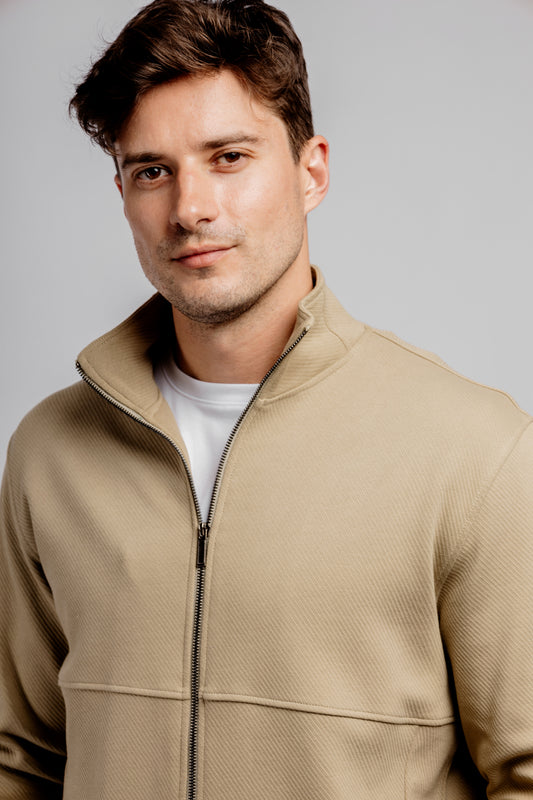 Dark Beige Full Zipper Cotton Mock Polo Neck Jacket