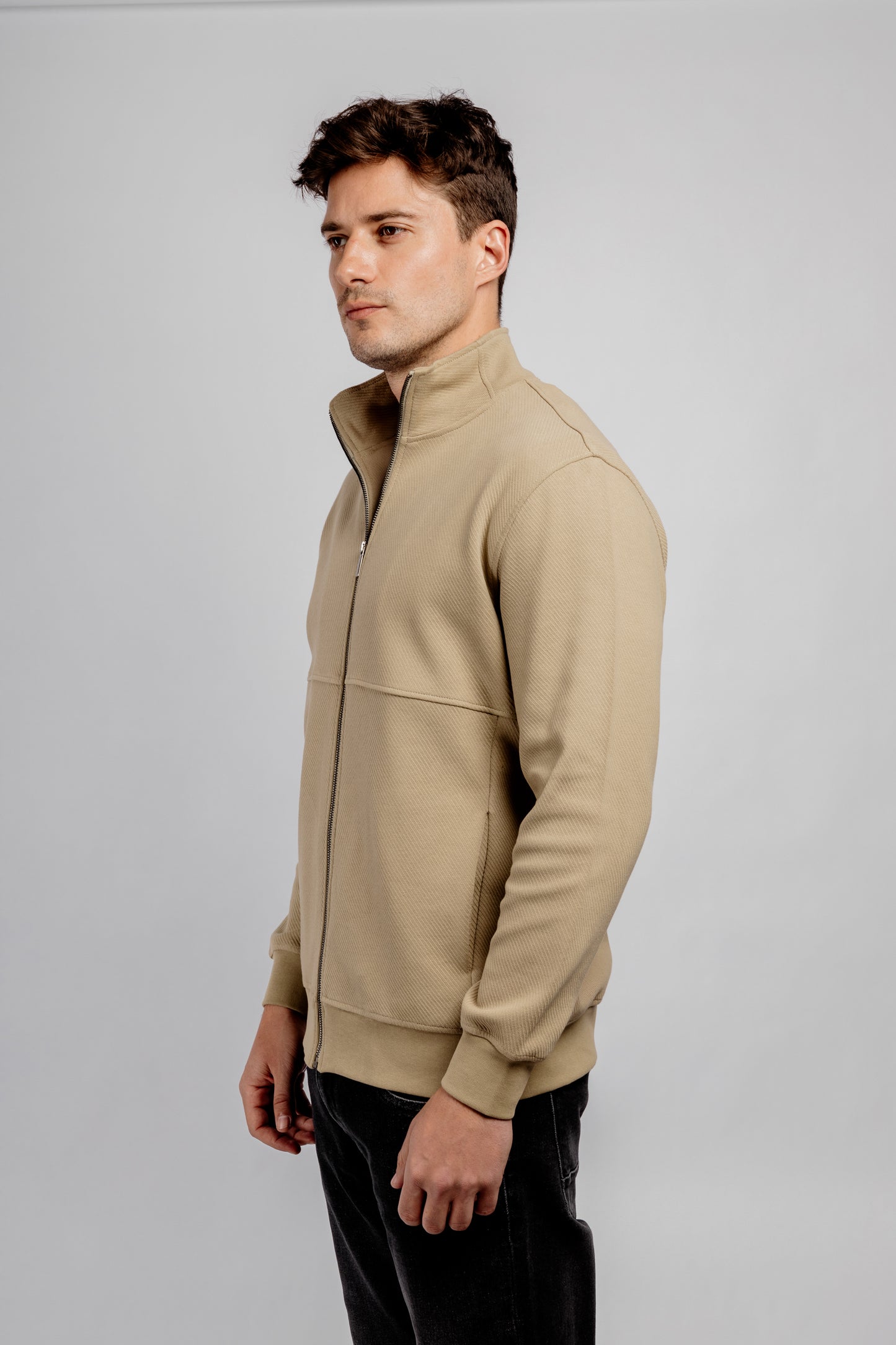 Dark Beige Full Zipper Cotton Mock Polo Neck Jacket