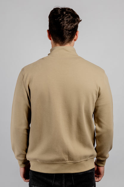 Dark Beige Full Zipper Cotton Mock Polo Neck Jacket