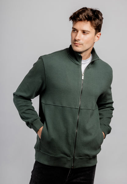 Olive Full Zipper Cotton Mock Polo Neck Jacket