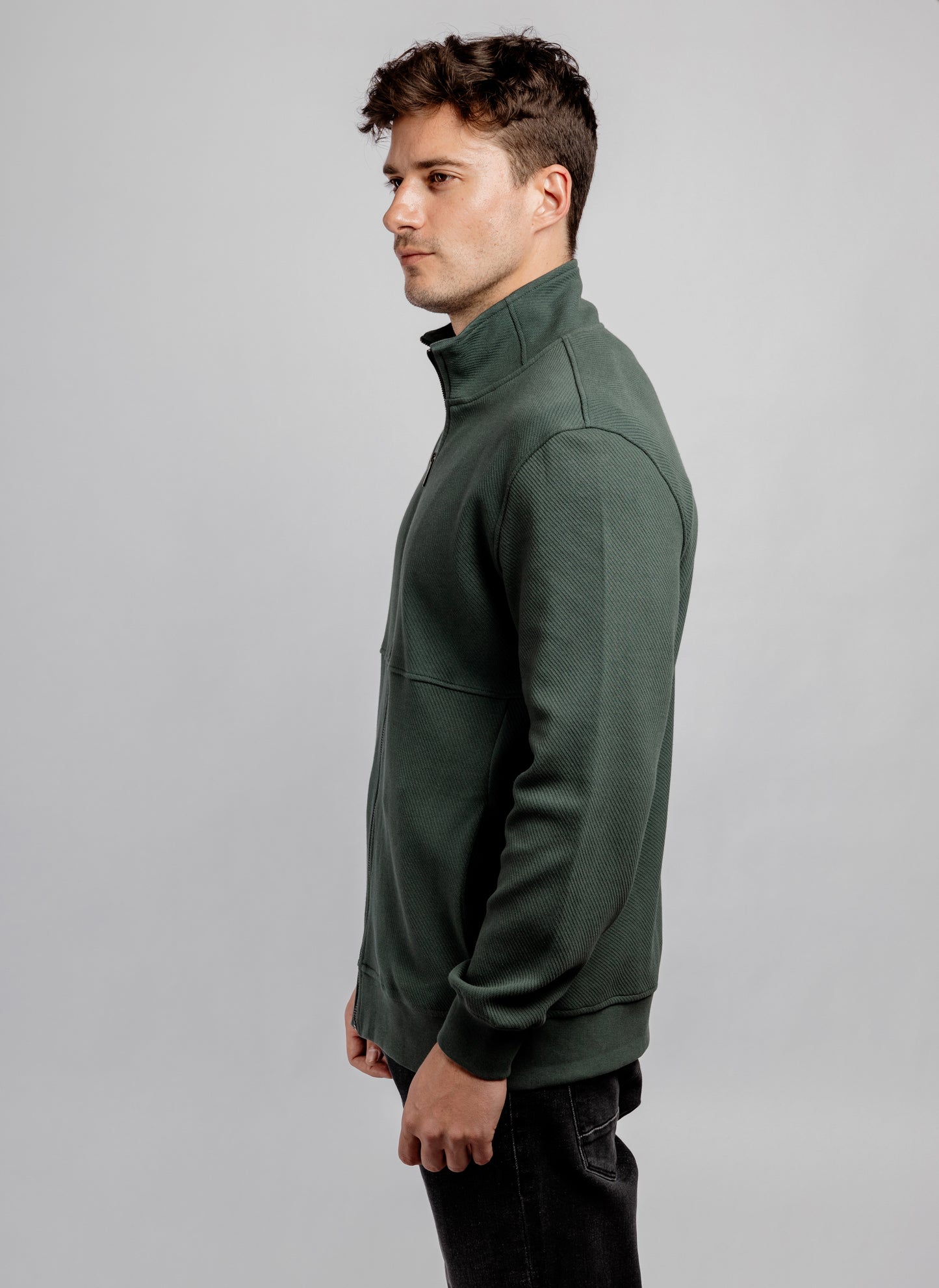 Olive Full Zipper Cotton Mock Polo Neck Jacket