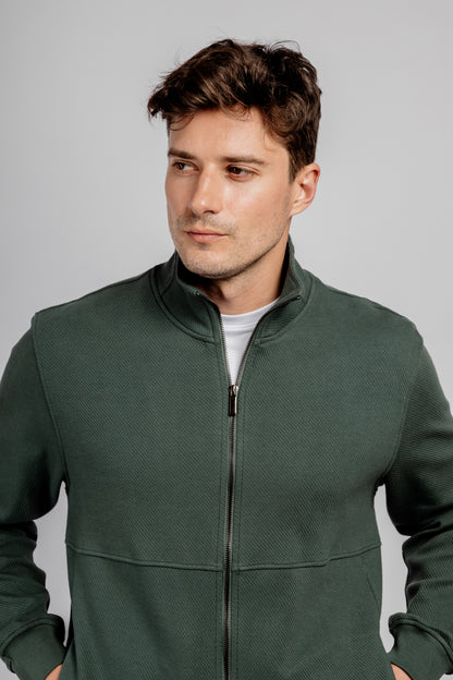 Olive Full Zipper Cotton Mock Polo Neck Jacket