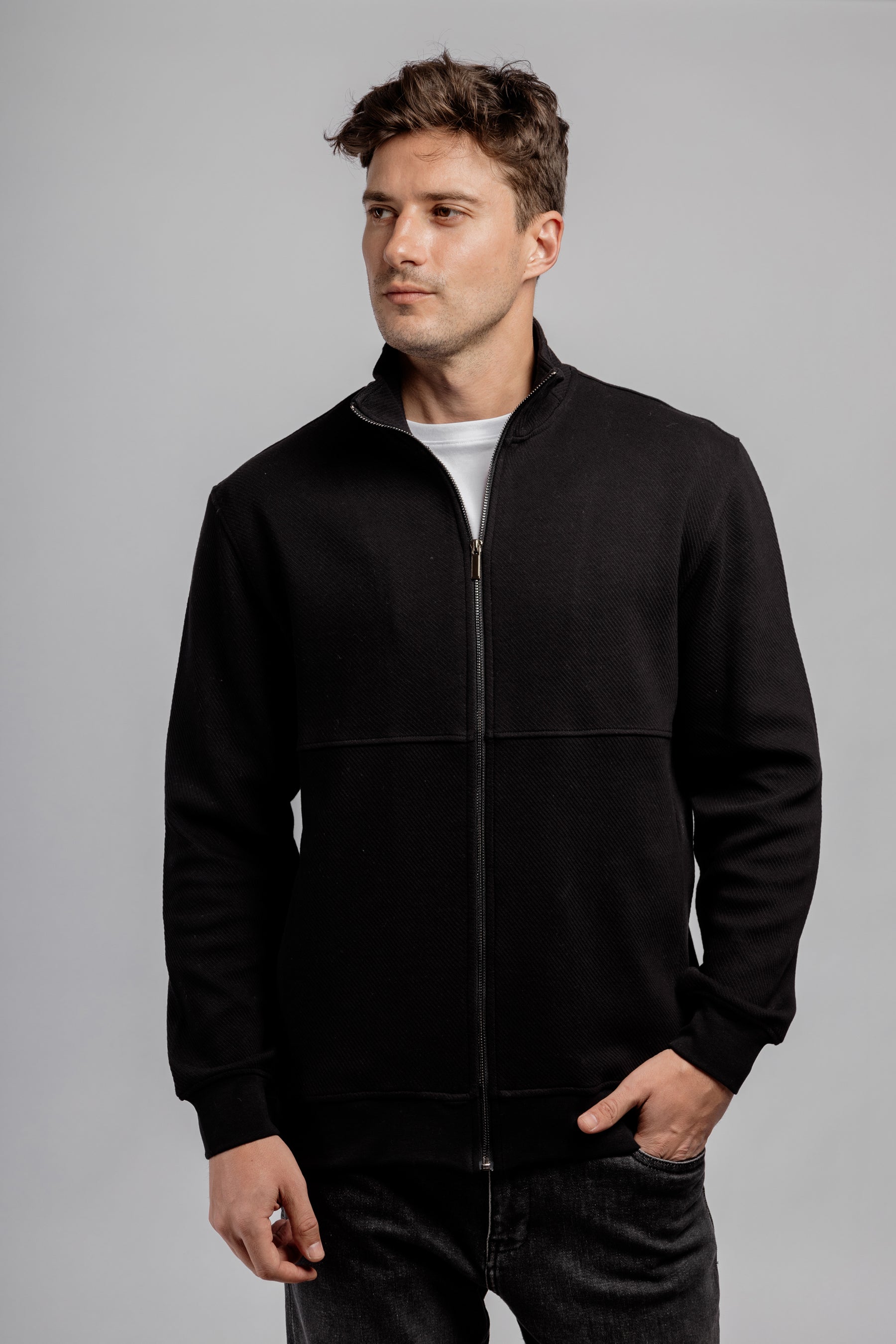 Black Full Zipper Cotton Mock Polo Neck Sweatshirt