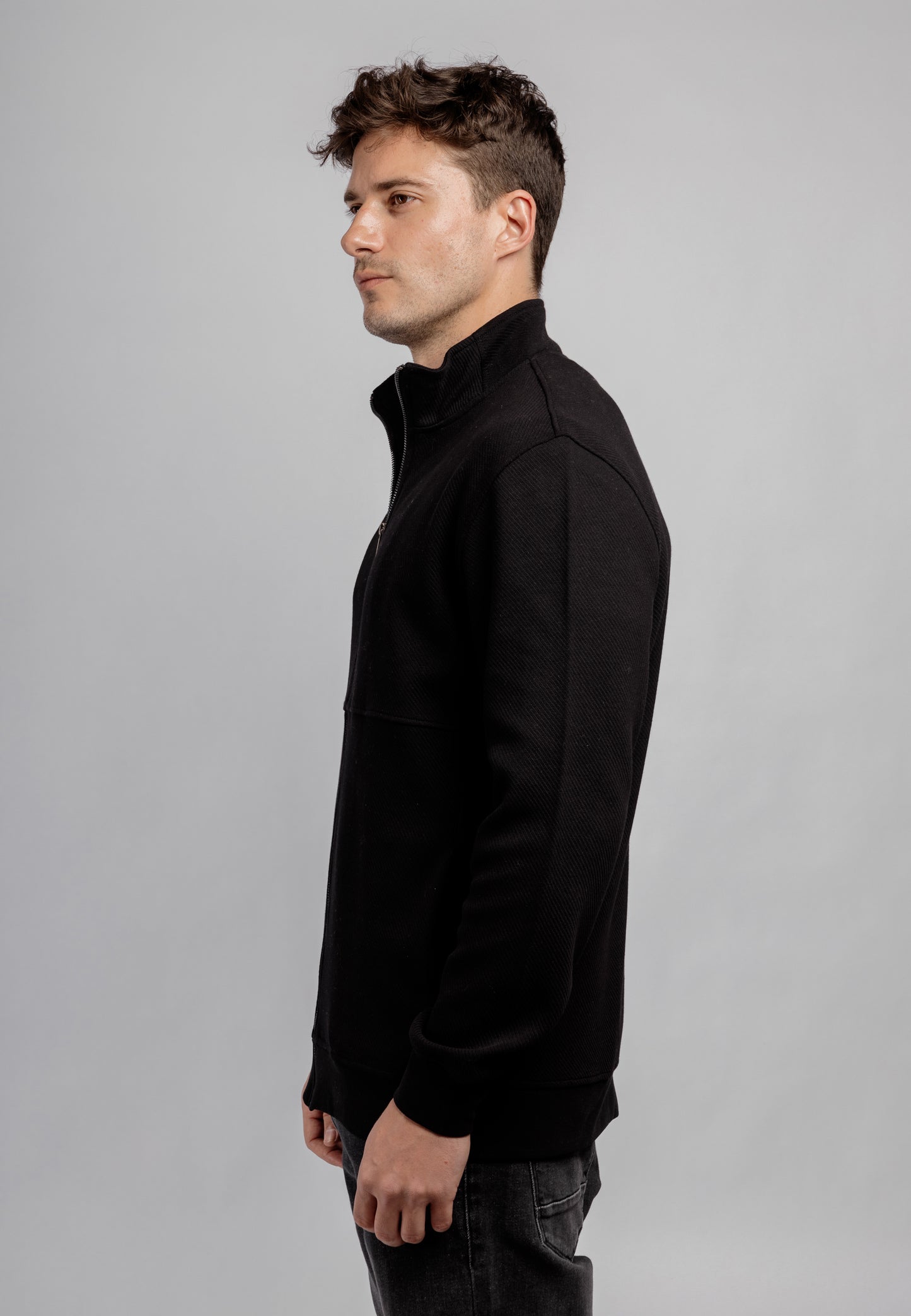 Black Full Zipper Cotton Mock Polo Neck Jacket