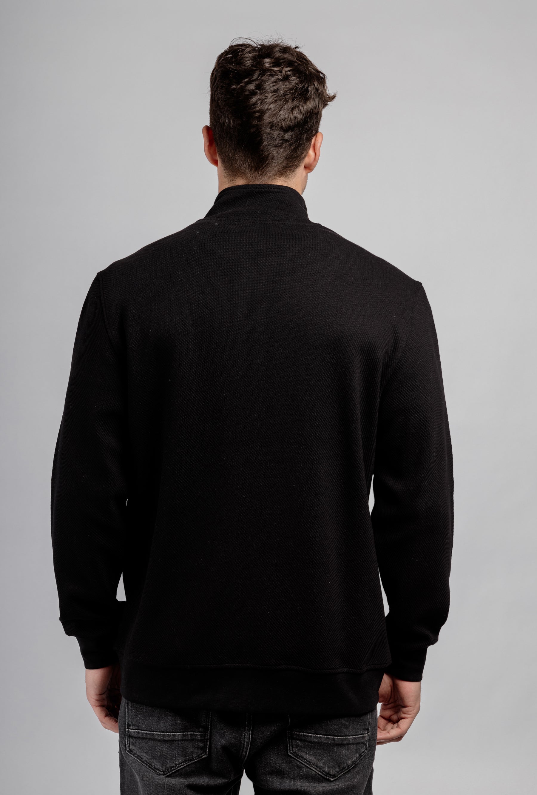 Black Full Zipper Cotton Mock Polo Neck Sweatshirt