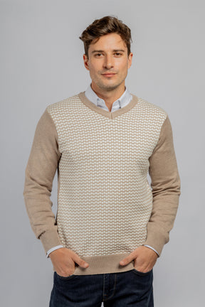 Beige Jacquard V-Neck Pullover