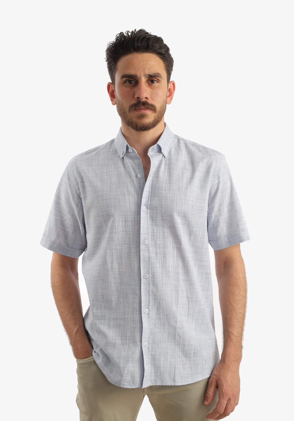 Navy Linen Look Short Sleeves Shirt