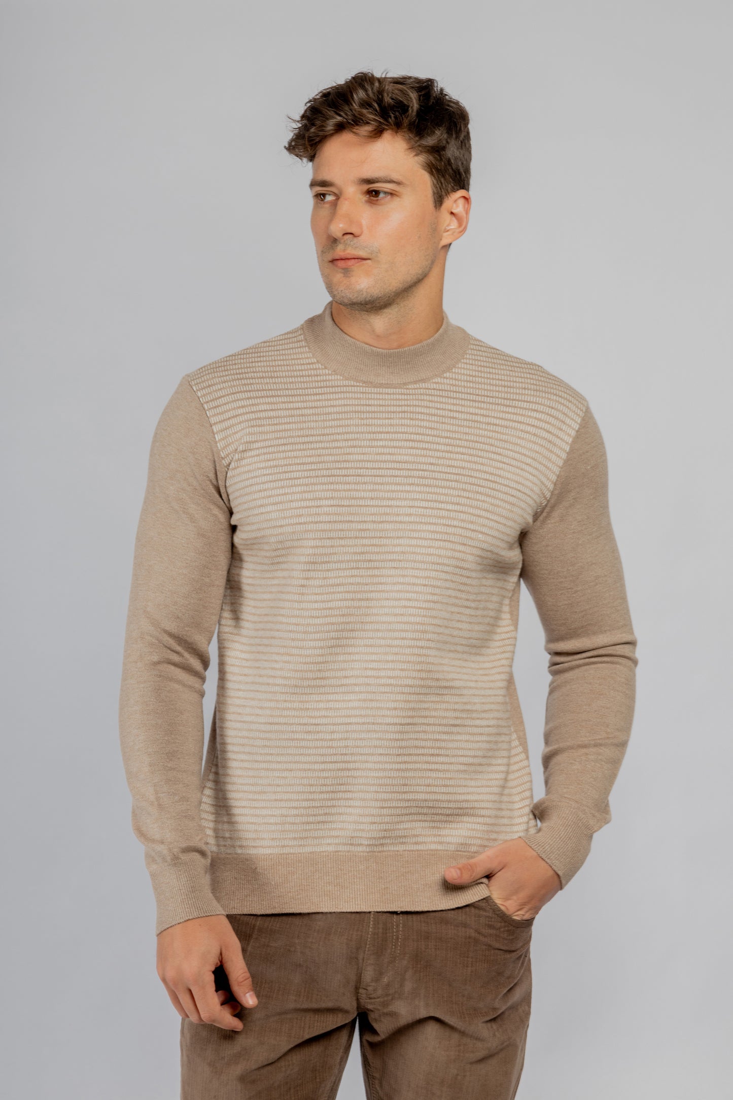 Beige Jacquard Half Collar Pullover