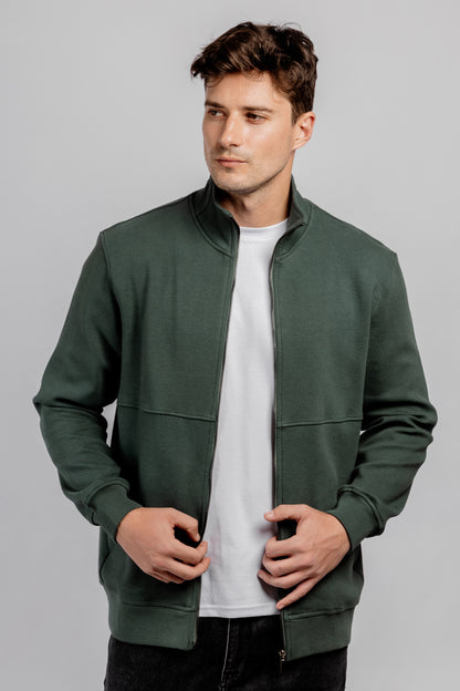 Olive Full Zipper Cotton Mock Polo Neck Jacket