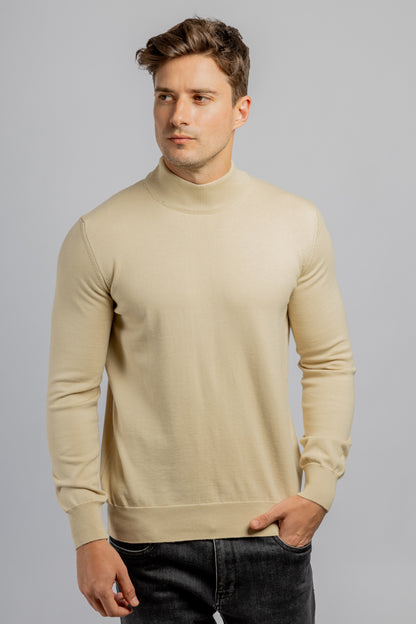 Beige Half Collar Cotton Basic Plain Pullover