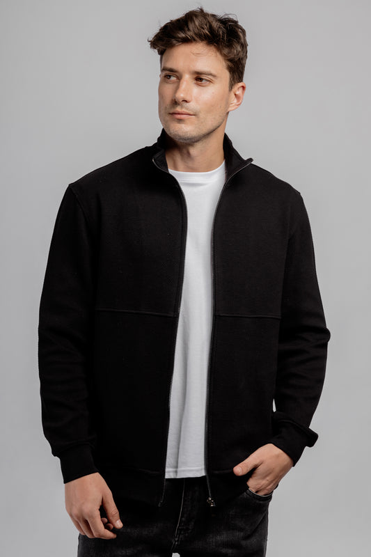 Black Full Zipper Cotton Mock Polo Neck Jacket