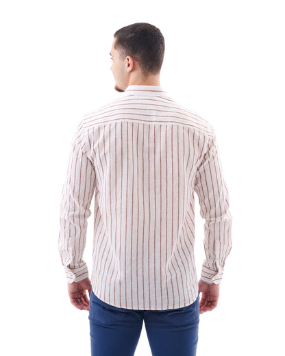 Beige Wide Stripe Long Sleeves Linen Shirt