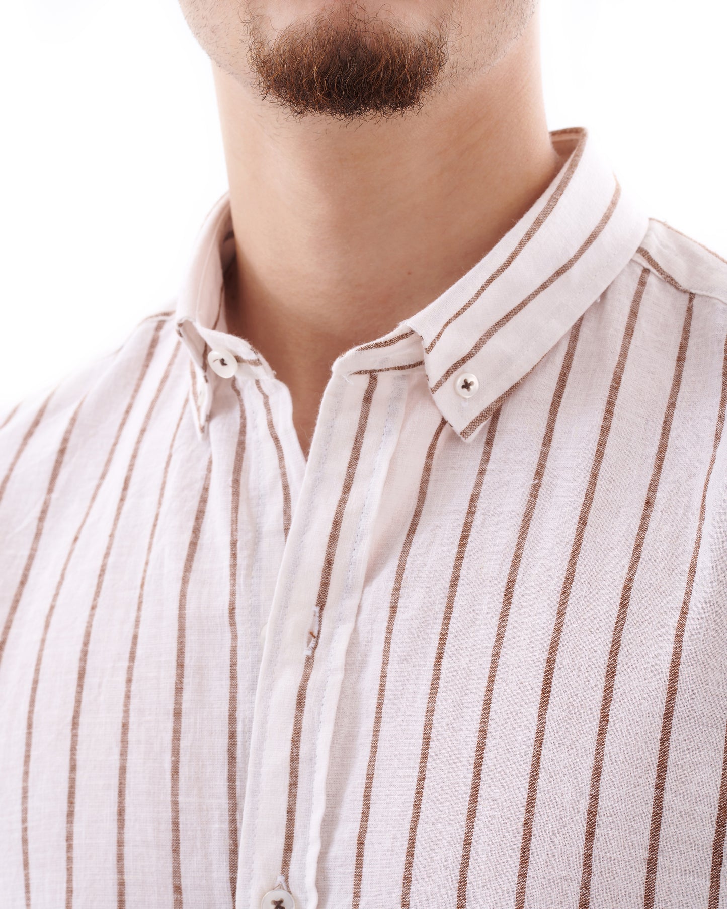 Beige Wide Stripe Long Sleeves Linen Shirt