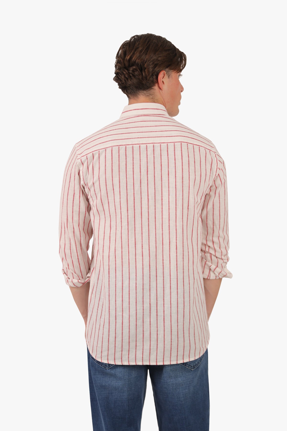 Red Wide Stripe Long Sleeves Linen Shirt