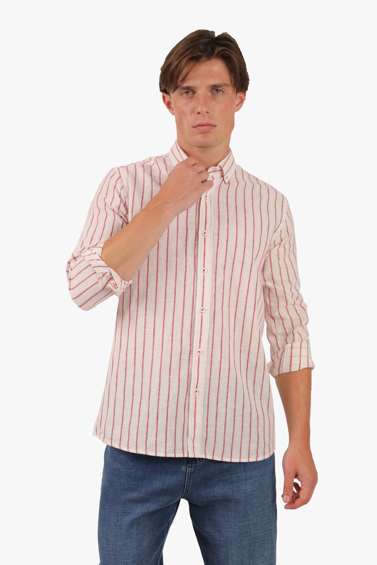 Red Wide Stripe Long Sleeves Linen Shirt