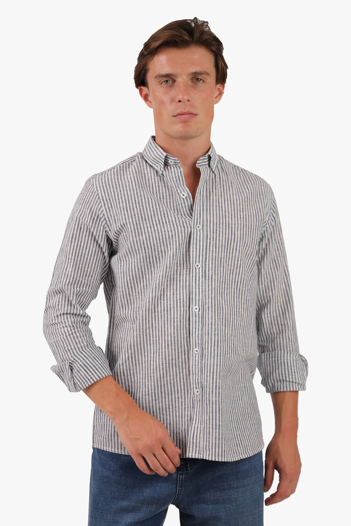 Linen Navy Stripe Long Sleeves Shirt