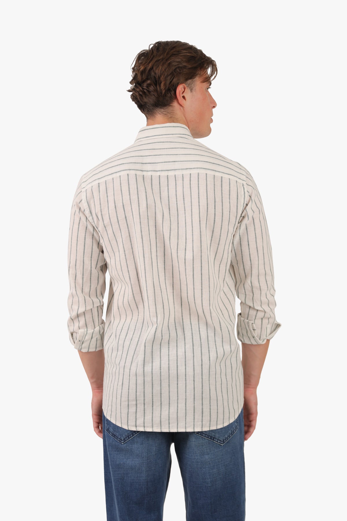 Olive Wide Stripe Long Sleeves Linen Shirt