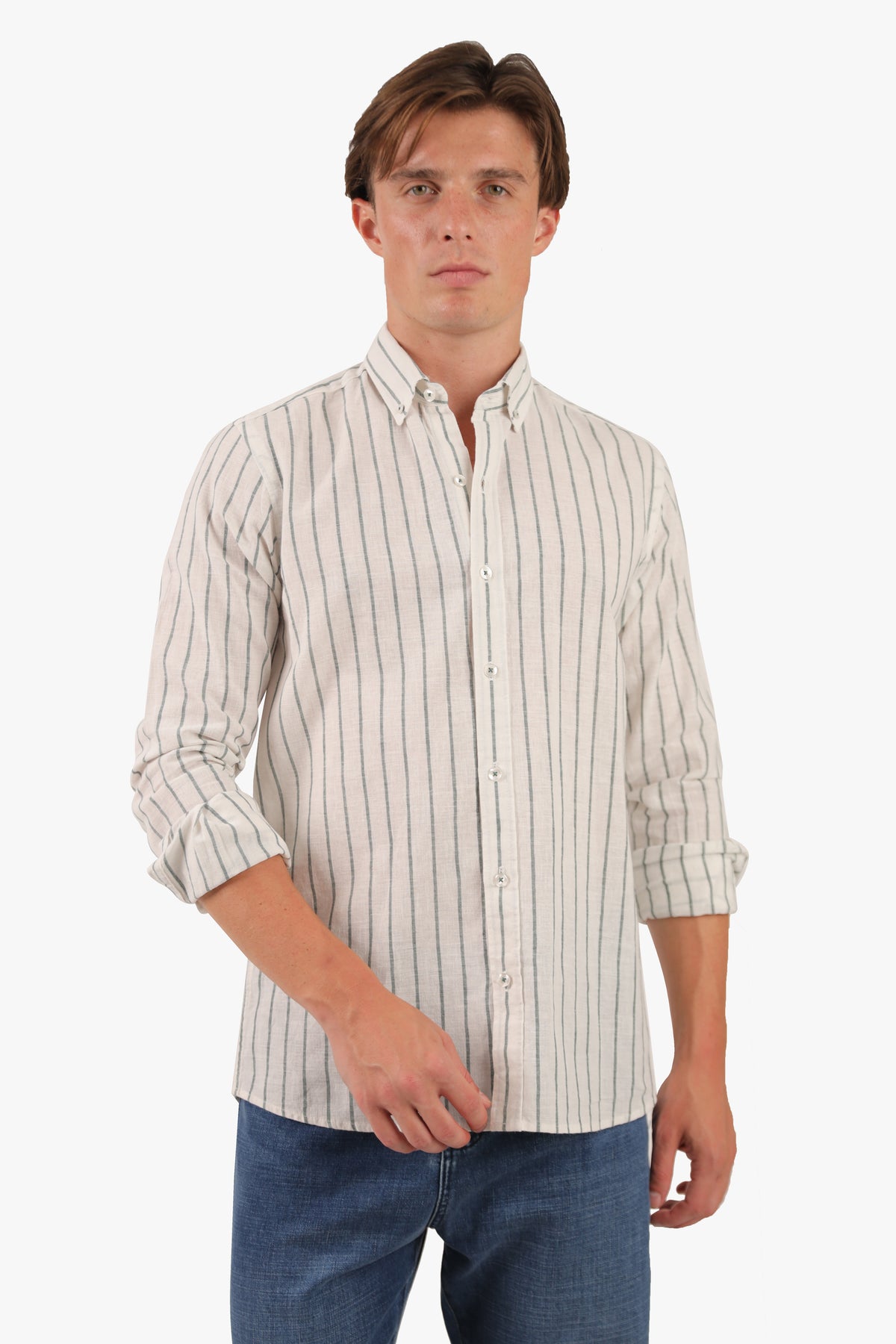 Olive Wide Stripe Long Sleeves Linen Shirt