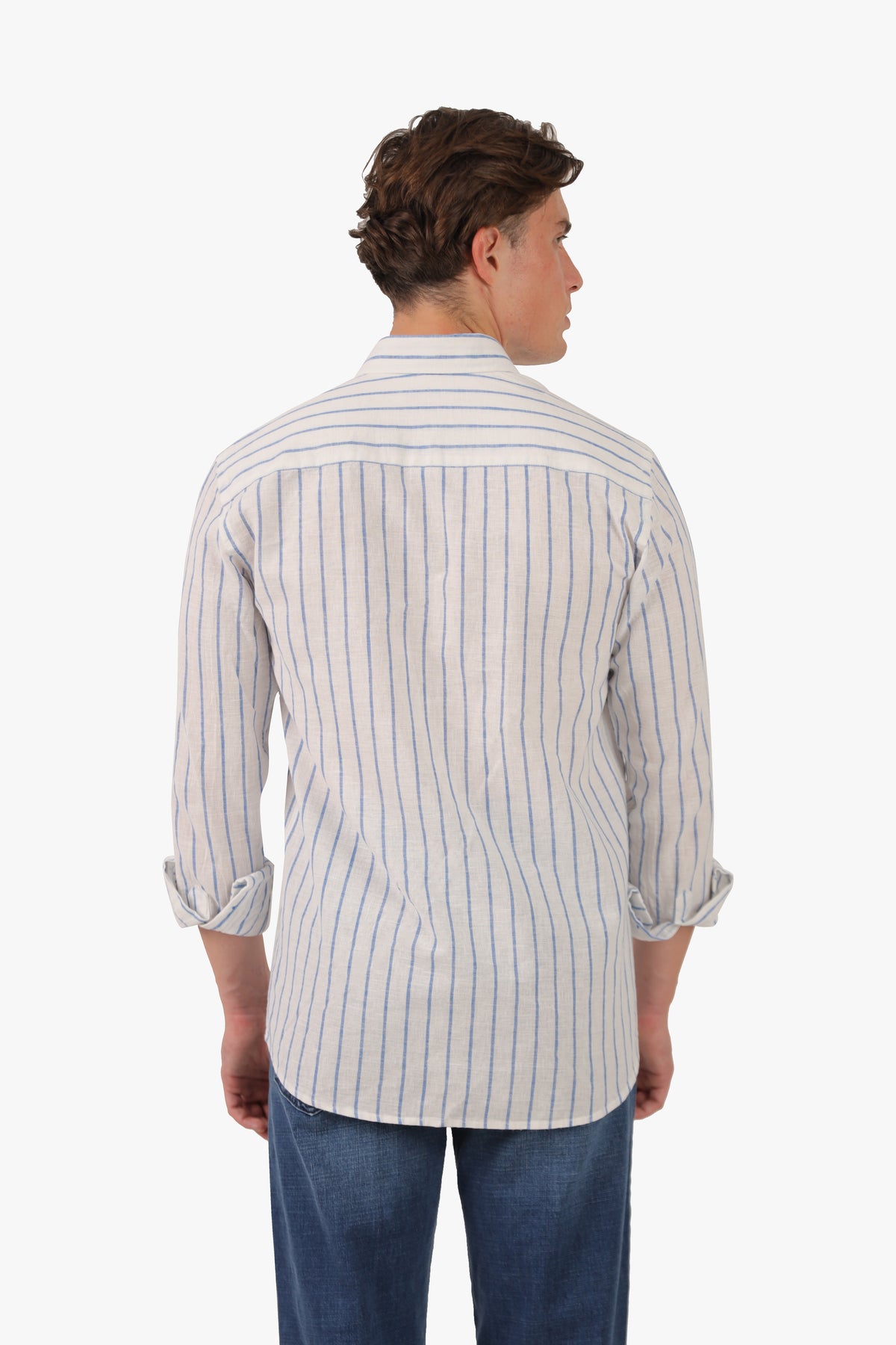 Blue Wide Stripe Long Sleeves Linen Shirt