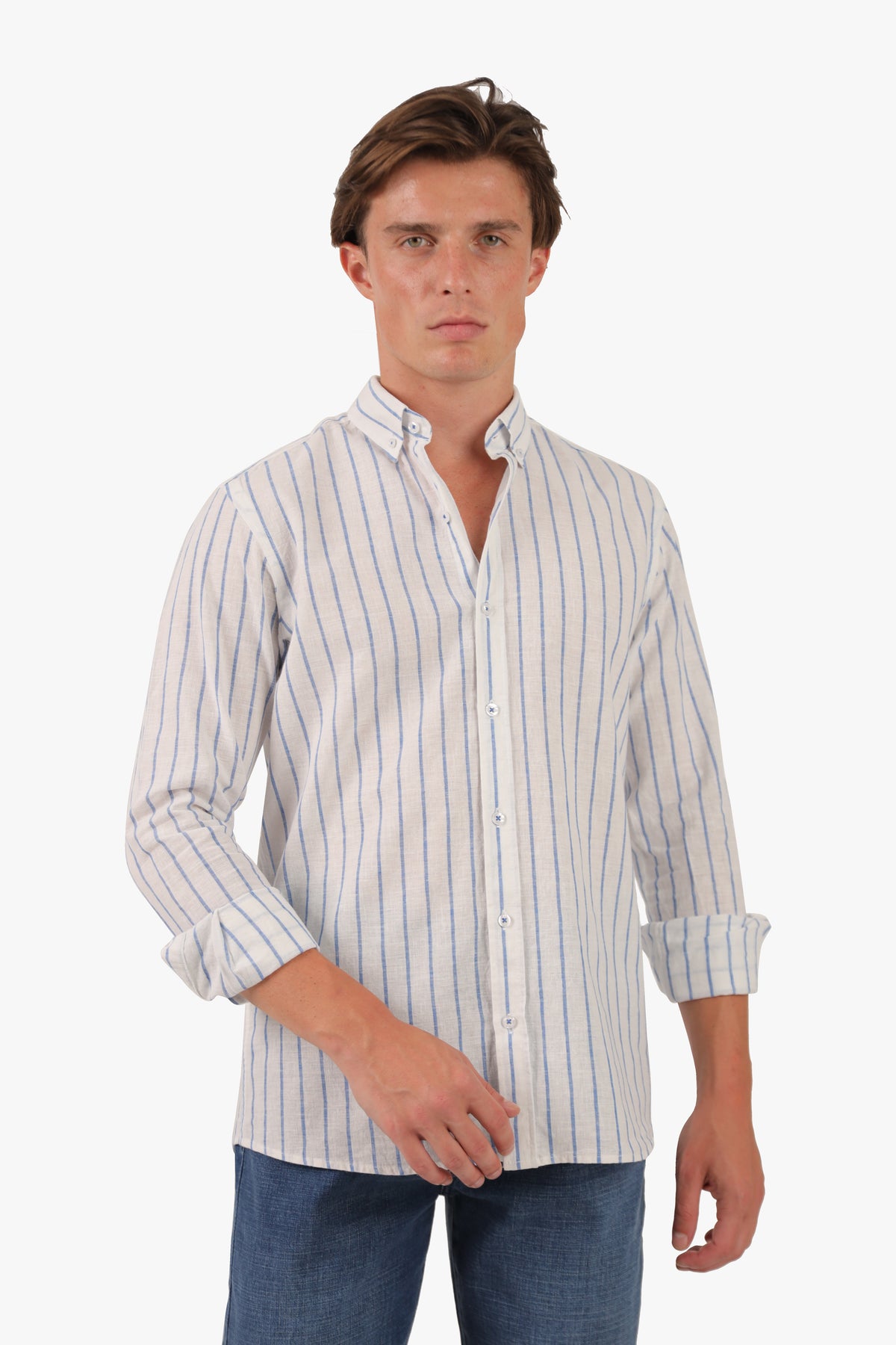 Blue Wide Stripe Long Sleeves Linen Shirt